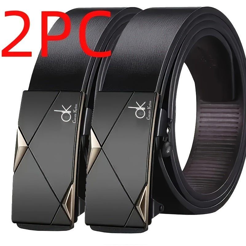 2-Pack Men's Luxury Business Casual Belts - Automatic Buckle, Geometric Pattern Design, Premium Black & Golden Leather for Office & Casual Attire - Ideal Christmas/Thanksgiving Gift for Fathers & Husbands