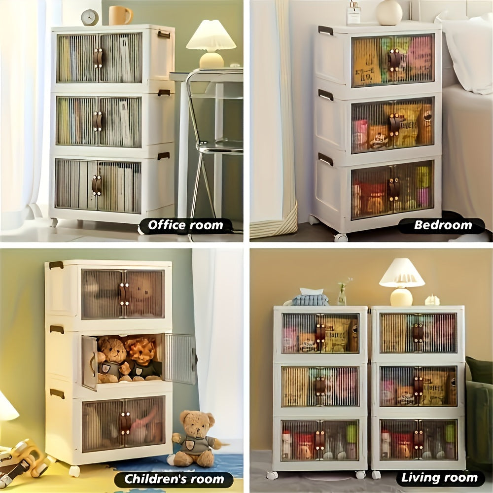 1Set Storage Cabinet, Household Foldable 3/4 Layers Sundries Storage Box, Large Capacity Plastic Boxes with Door And Wheels, for Bedroom, Living Room And Kitchen, Home Organizers And Storage, Home Accessories