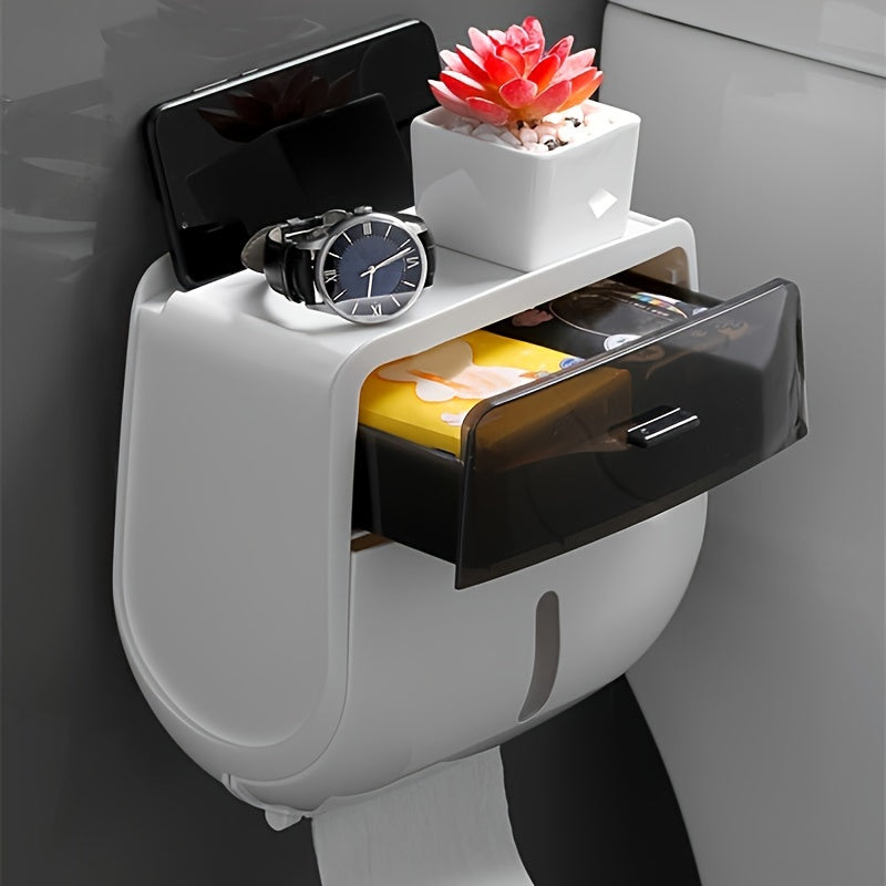 1pc Toilet Roll Paper Holder, Double Layer Large Capacity Tissue Storage Box, Wall Mounted Bathroom Tissue Dispenser, Waterproof Tissue Box, Hotel Bathroom Accessories