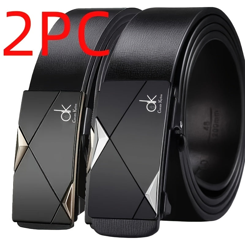 2-Pack Men's Luxury Business Casual Belts - Automatic Buckle, Geometric Pattern Design, Premium Black & Golden Leather for Office & Casual Attire - Ideal Christmas/Thanksgiving Gift for Fathers & Husbands