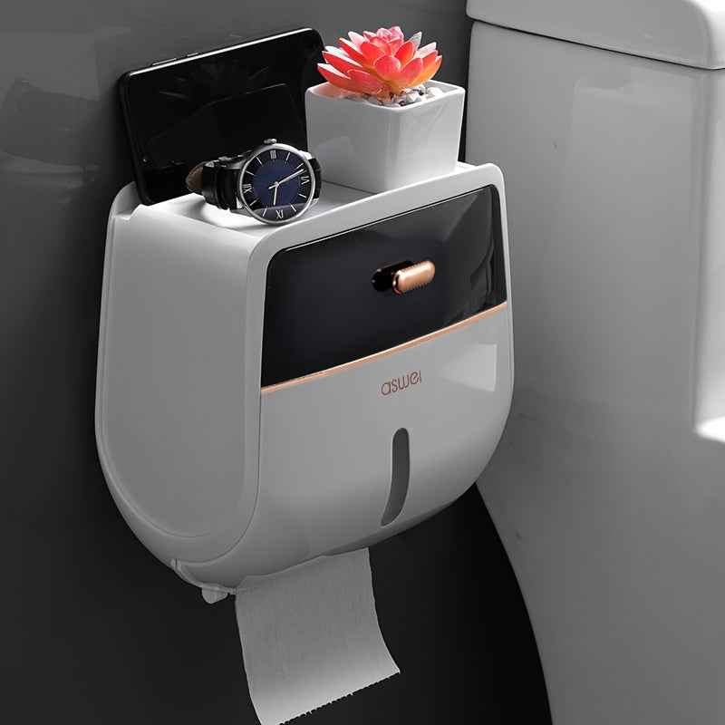 1pc Toilet Roll Paper Holder, Double Layer Large Capacity Tissue Storage Box, Wall Mounted Bathroom Tissue Dispenser, Waterproof Tissue Box, Hotel Bathroom Accessories