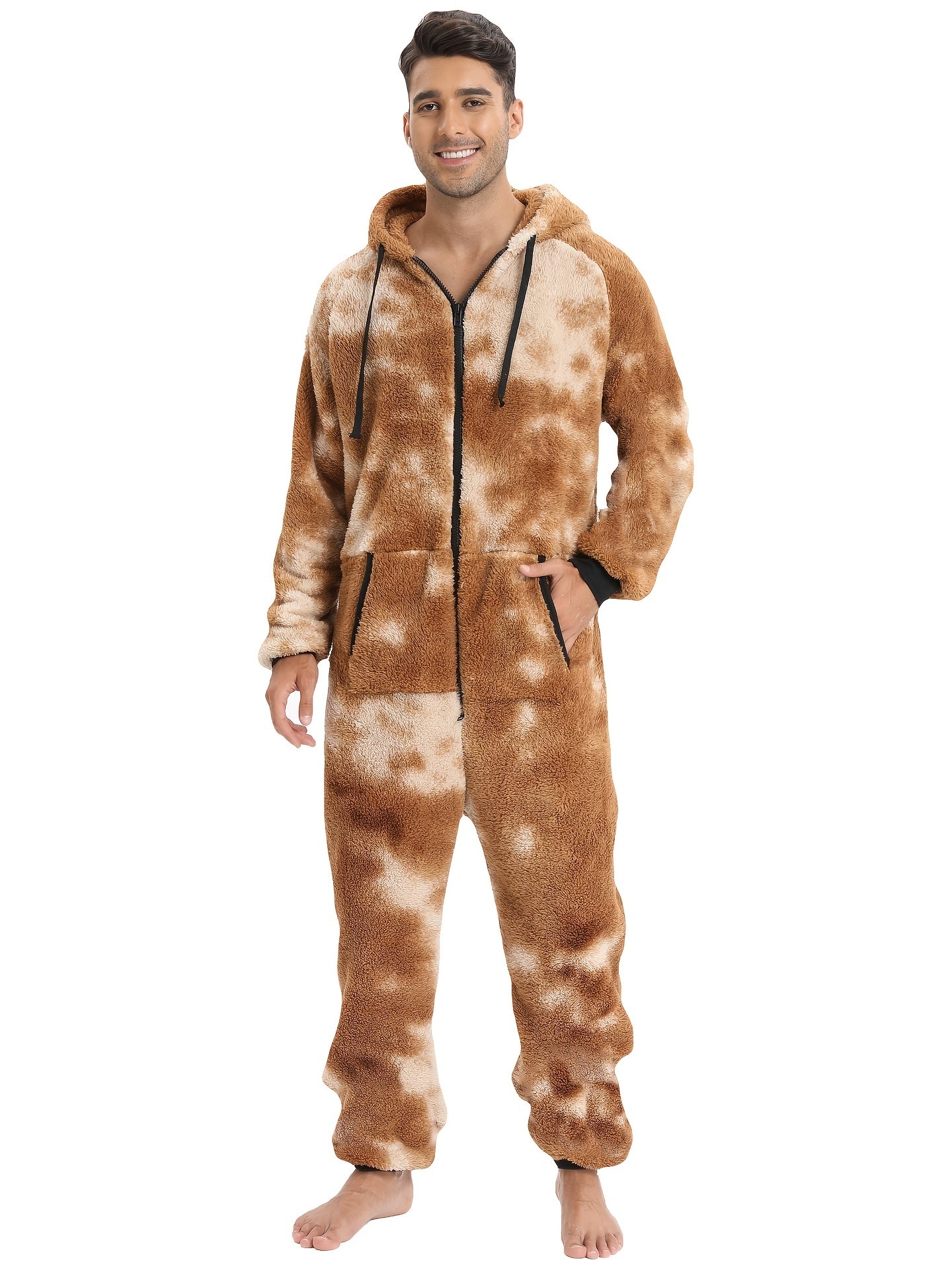 Men'S Heavy-Duty Full-Zip Hooded Onesie - Long Sleeve Winter Sleepwear with Drawstring Hood, Loose Fit Onesie for Cold Weather, Christmas Costume & Everyday Indoor/Outdoor Use - Easy Zipper Closure, Indoor Loungewear, Plush,