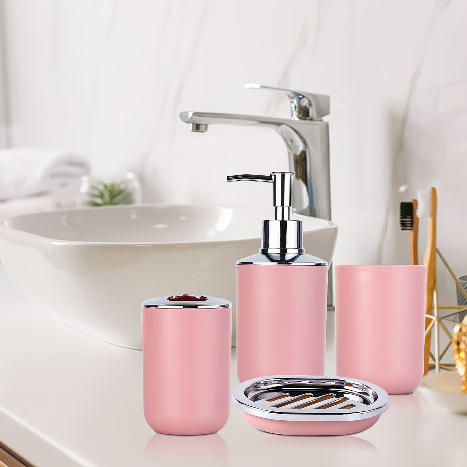 8Pcs Pink Bathroom Accessories Set - with Trash Can, Toilet Brush, Toothbrush Holder, Lotion Soap Dispenser, Soap Dish, Toothbrush Cup, Qtip Holder, Tray