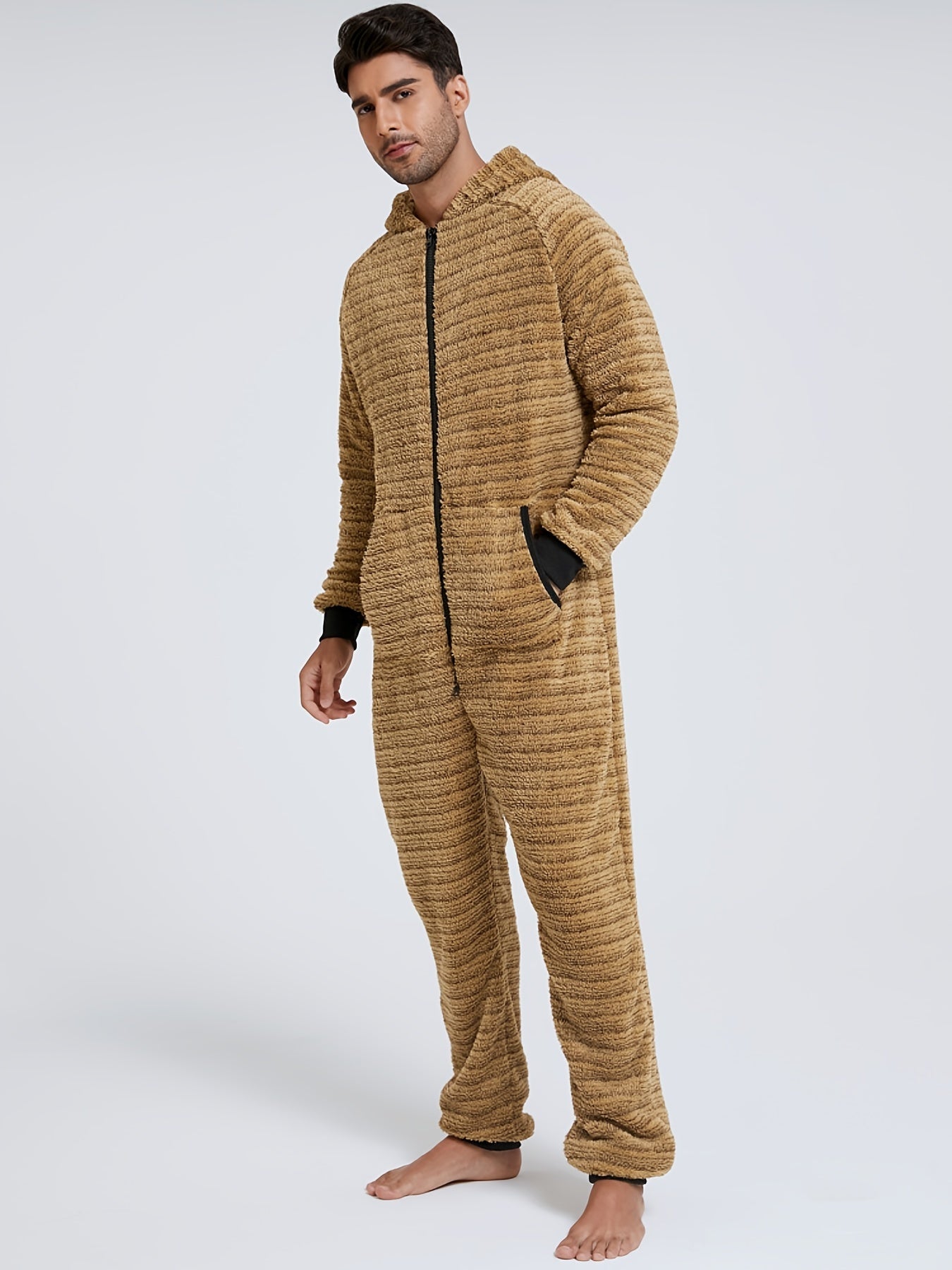 Men'S Heavy-Duty Full-Zip Hooded Onesie - Long Sleeve Winter Sleepwear with Drawstring Hood, Loose Fit Onesie for Cold Weather, Christmas Costume & Everyday Indoor/Outdoor Use - Easy Zipper Closure, Indoor Loungewear, Plush,
