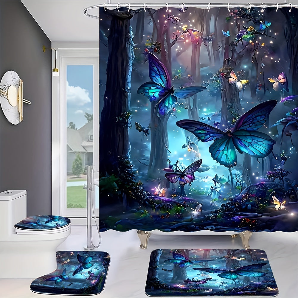 1/4 Dark Night Forest Butterfly Set, Decorative Bathroom Set Includes Waterproof Shower Curtain, Non-slip Floor Mat, Toilet Lid, Bath Mat and 12 Plastic Hooks, Bathroom Accessories, Home Decor