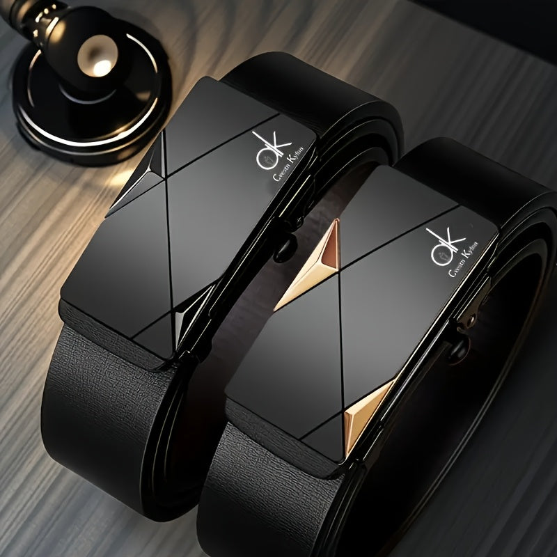 2-Pack Men's Luxury Business Casual Belts - Automatic Buckle, Geometric Pattern Design, Premium Black & Golden Leather for Office & Casual Attire - Ideal Christmas/Thanksgiving Gift for Fathers & Husbands