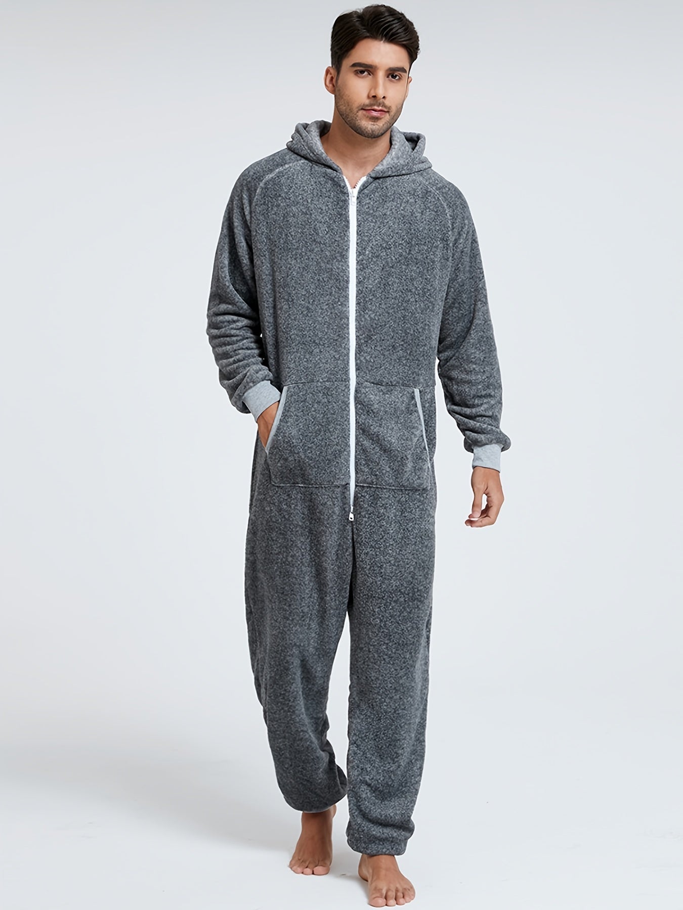 Men'S Heavy-Duty Full-Zip Hooded Onesie - Long Sleeve Winter Sleepwear with Drawstring Hood, Loose Fit Onesie for Cold Weather, Christmas Costume & Everyday Indoor/Outdoor Use - Easy Zipper Closure, Indoor Loungewear, Plush,