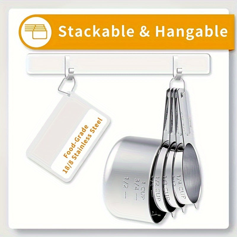 4/10pcs, Stainless Steel Measuring Cups And Spoons Set, Metal Measuring Cups And Spoons, Stackable Kitchen Measuring Tool For Dry And Liquid Ingredients, Baking Tools, Kitchen Stuff