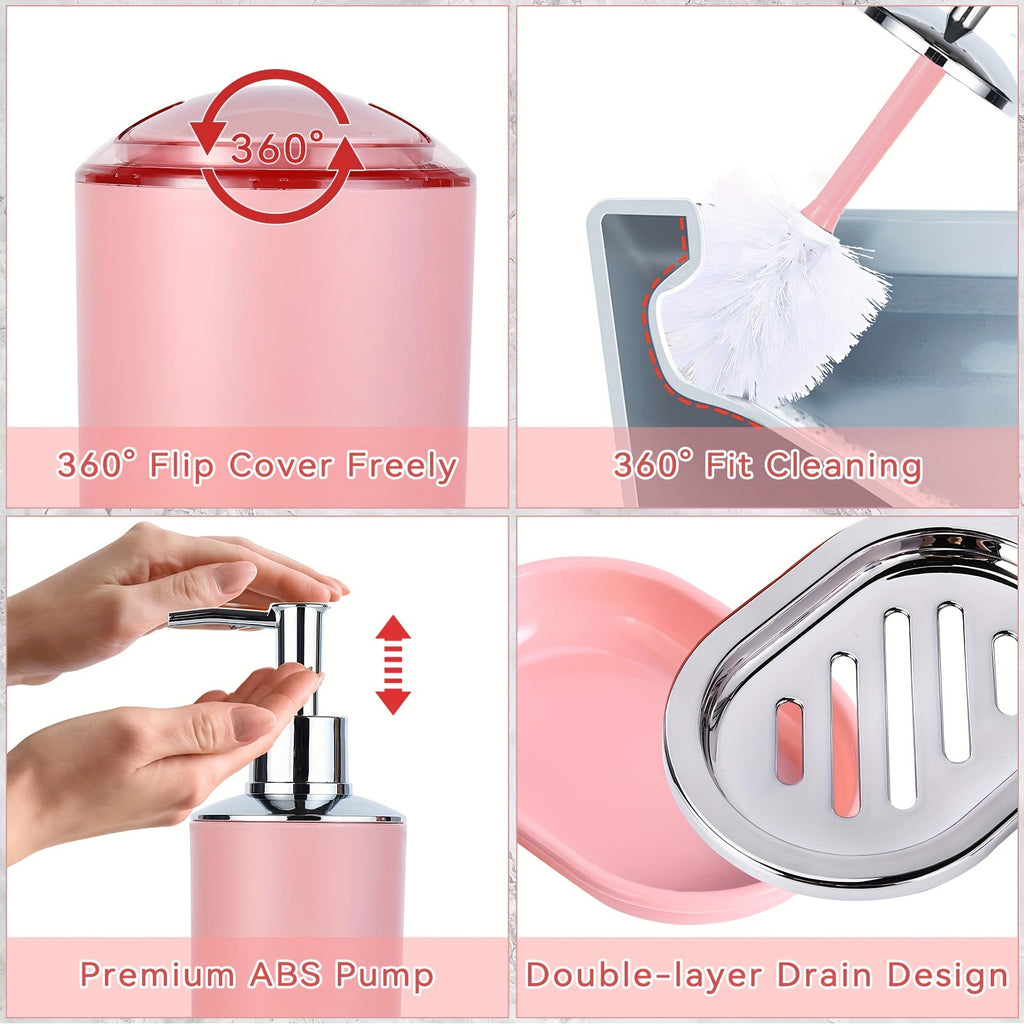 8Pcs Pink Bathroom Accessories Set - with Trash Can, Toilet Brush, Toothbrush Holder, Lotion Soap Dispenser, Soap Dish, Toothbrush Cup, Qtip Holder, Tray