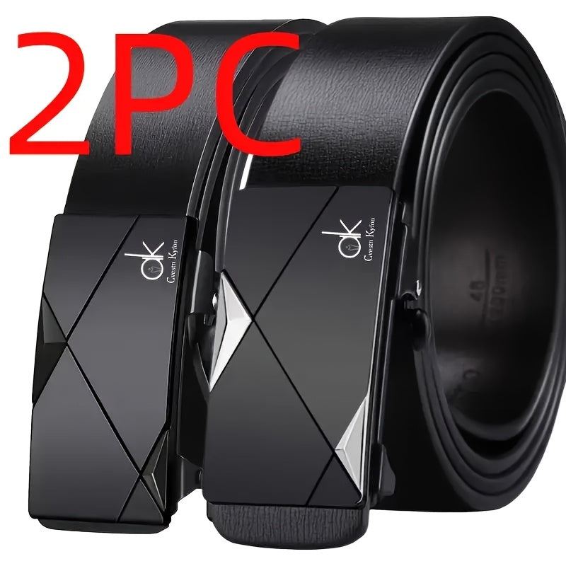 2-Pack Men's Luxury Business Casual Belts - Automatic Buckle, Geometric Pattern Design, Premium Black & Golden Leather for Office & Casual Attire - Ideal Christmas/Thanksgiving Gift for Fathers & Husbands