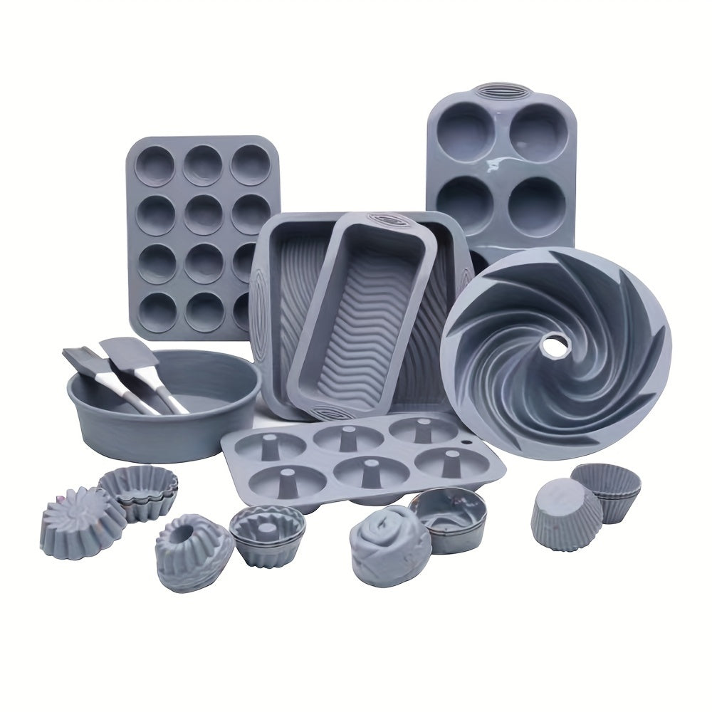 33pcs, Silicone Baking Pan Set, Cake Pan, Donut Mold, 24 Muffin Cups, Silicone Spatula, Oil Brush, And More, Baking Tools, Kitchen Gadgets, Kitchen Accessories