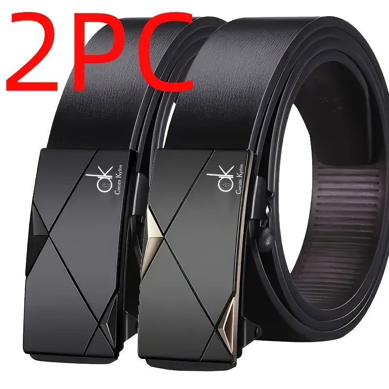 2-Pack Men's Luxury Business Casual Belts - Automatic Buckle, Geometric Pattern Design, Premium Black & Golden Leather for Office & Casual Attire - Ideal Christmas/Thanksgiving Gift for Fathers & Husbands