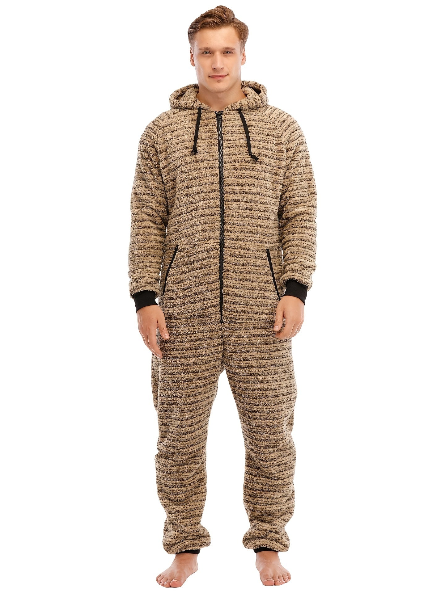 Men'S Heavy-Duty Full-Zip Hooded Onesie - Long Sleeve Winter Sleepwear with Drawstring Hood, Loose Fit Onesie for Cold Weather, Christmas Costume & Everyday Indoor/Outdoor Use - Easy Zipper Closure, Indoor Loungewear, Plush,