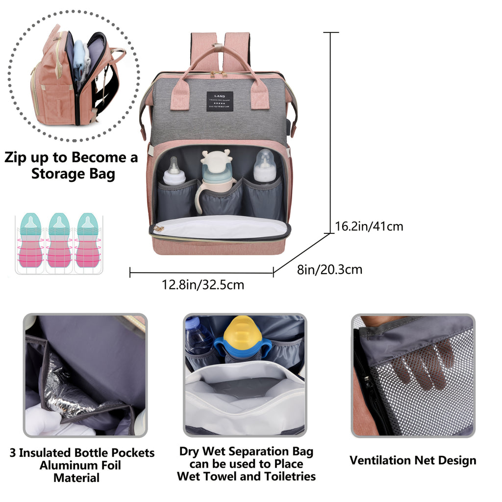 [Lamroro Diaper Bag Backpack] Lamroro Multifunctional Diaper Bag Backpack | Large Capacity, Soft Shell, Travel Backpack with Changing Station, Sunshade, Breathable Mosquito Net, Zipper Closure, Mixed Color, Polyester Fiber, U