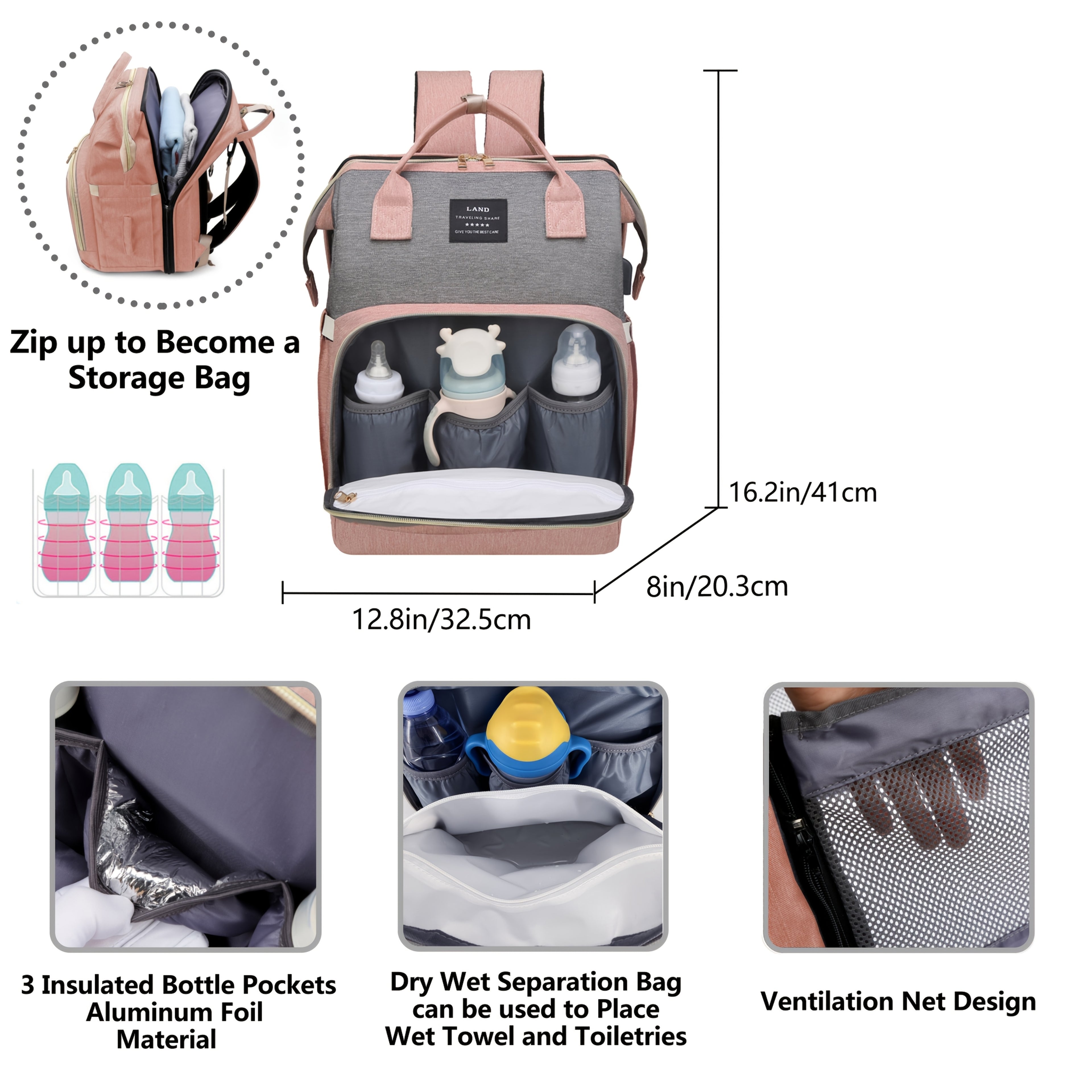 [Lamroro Diaper Bag Backpack] Lamroro Multifunctional Diaper Bag Backpack | Large Capacity, Soft Shell, Travel Backpack with Changing Station, Sunshade, Breathable Mosquito Net, Zipper Closure, Mixed Color, Polyester Fiber, U