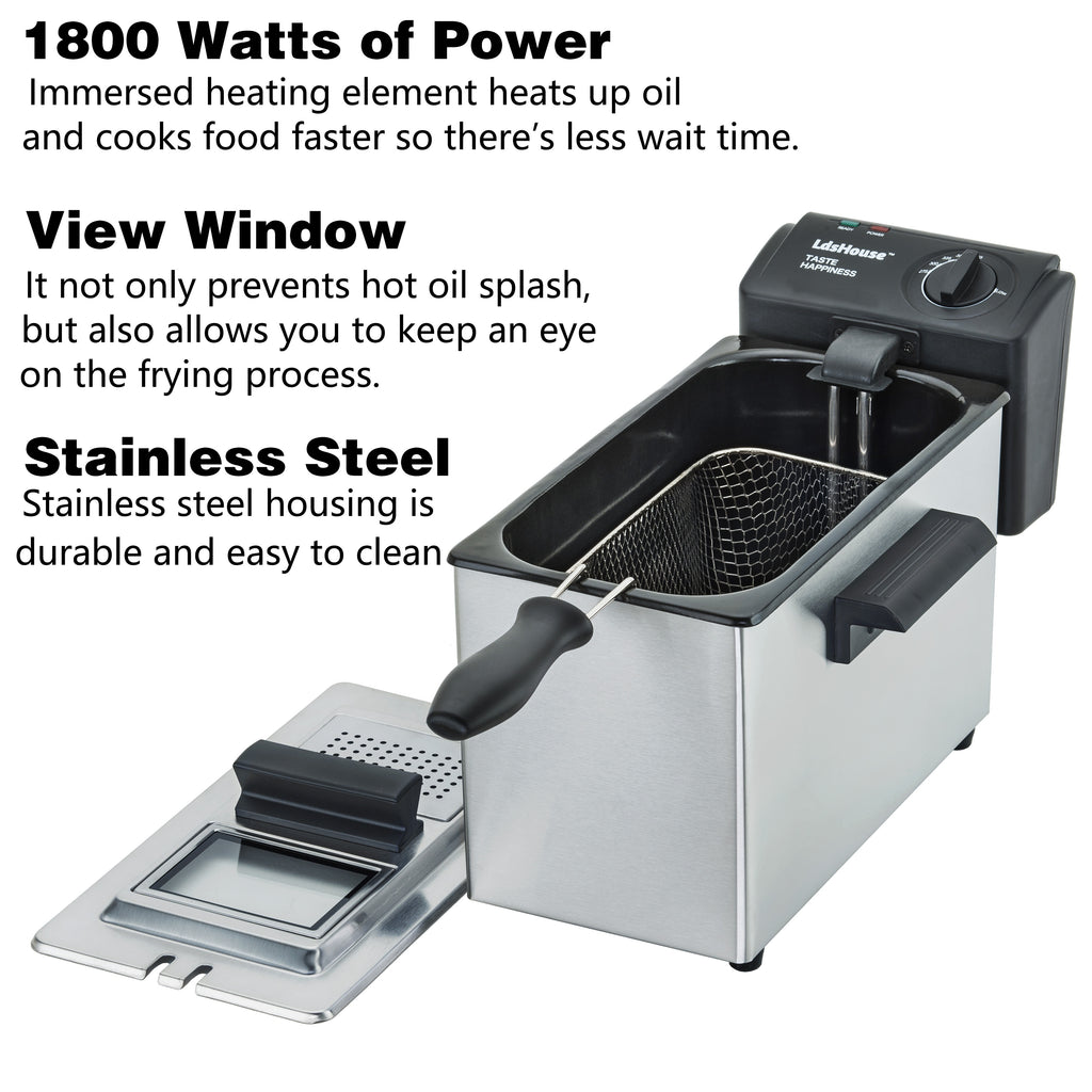 Ldshouse Professional Grade Electric Deep Fryer with Basket & Removable Lid with View Window, 1800 Watts, 9 Cups / 3.5 Liters Oil Capacity, Stainless Steel for Home Cooking