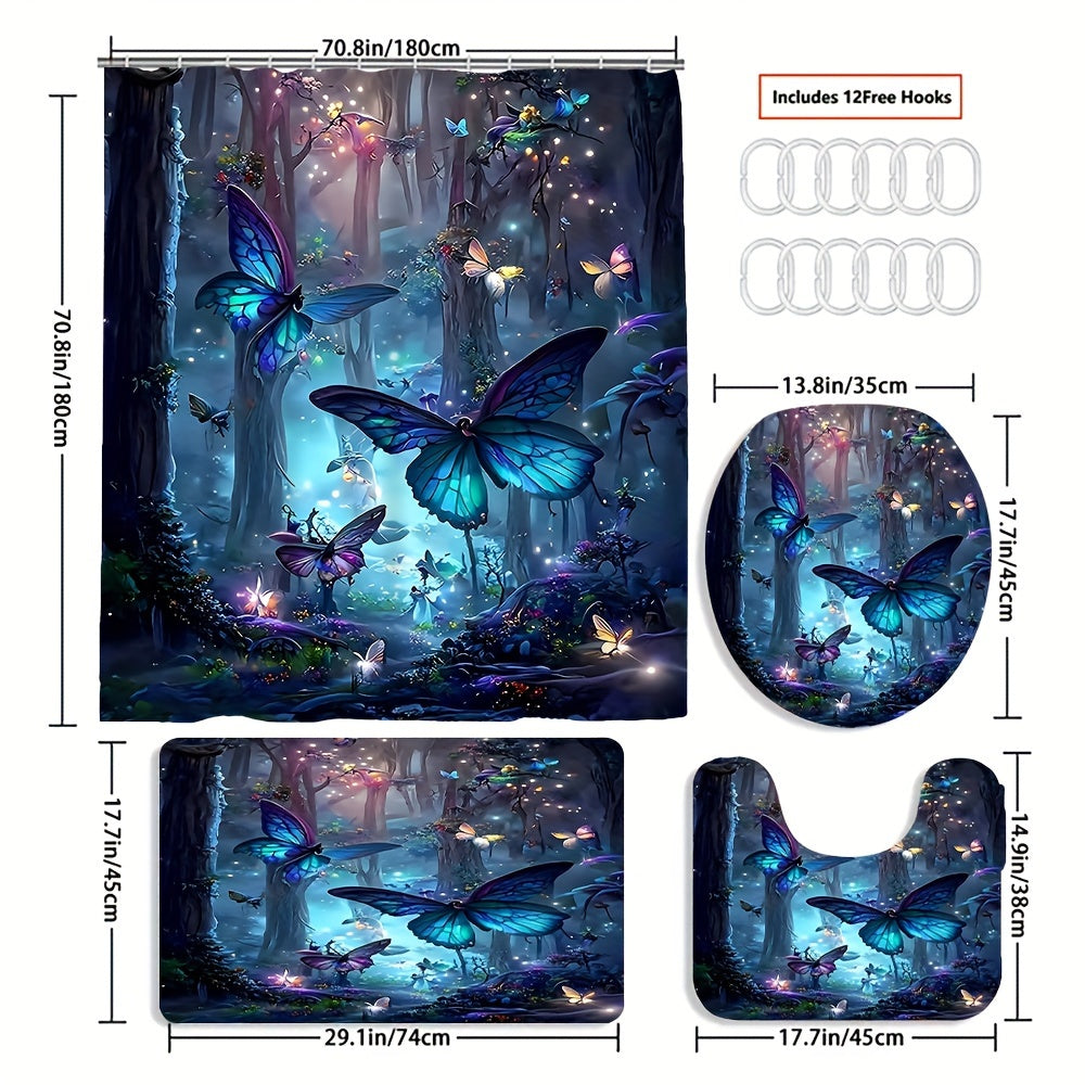 1/4 Dark Night Forest Butterfly Set, Decorative Bathroom Set Includes Waterproof Shower Curtain, Non-slip Floor Mat, Toilet Lid, Bath Mat and 12 Plastic Hooks, Bathroom Accessories, Home Decor