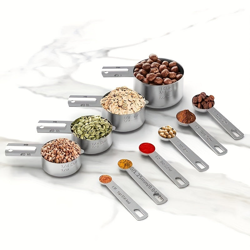4/10pcs, Stainless Steel Measuring Cups And Spoons Set, Metal Measuring Cups And Spoons, Stackable Kitchen Measuring Tool For Dry And Liquid Ingredients, Baking Tools, Kitchen Stuff