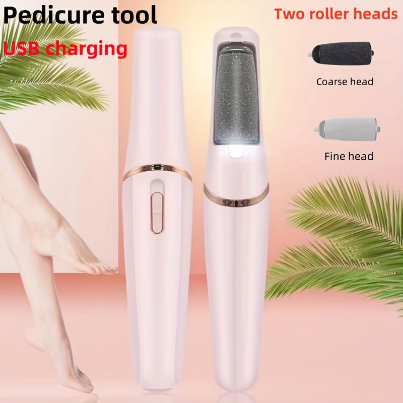 USB Rechargeable Electric Foot Pedicure Tool - Sleek White with Golden Accents, Dual Roller Heads for Smooth Feet, Portable Dead Skin & Callus Remover, 500mAh Lithium Battery, Home Spa Experience, Foot Smoothing Tool|Ergonomi