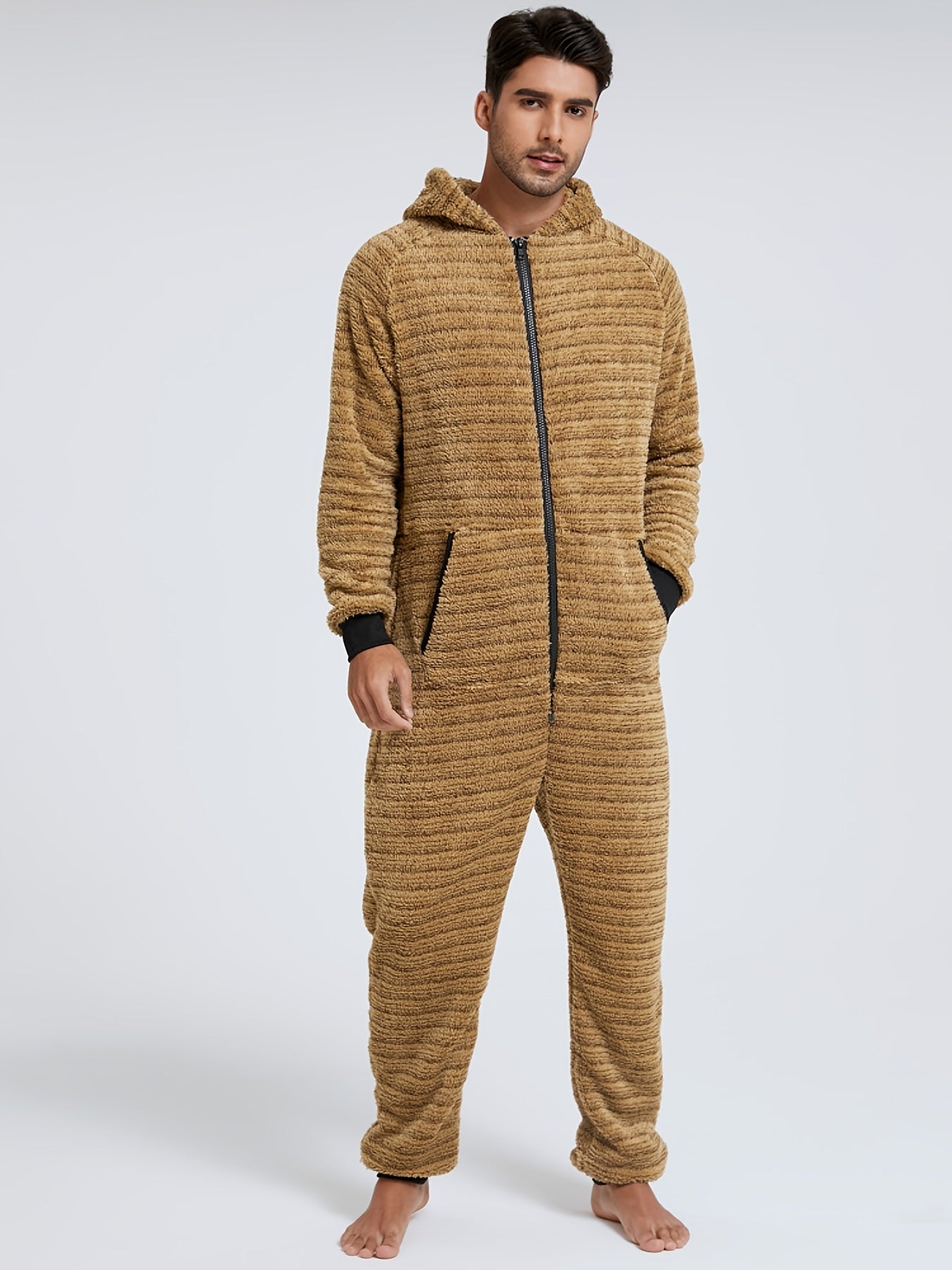 Men'S Heavy-Duty Full-Zip Hooded Onesie - Long Sleeve Winter Sleepwear with Drawstring Hood, Loose Fit Onesie for Cold Weather, Christmas Costume & Everyday Indoor/Outdoor Use - Easy Zipper Closure, Indoor Loungewear, Plush,