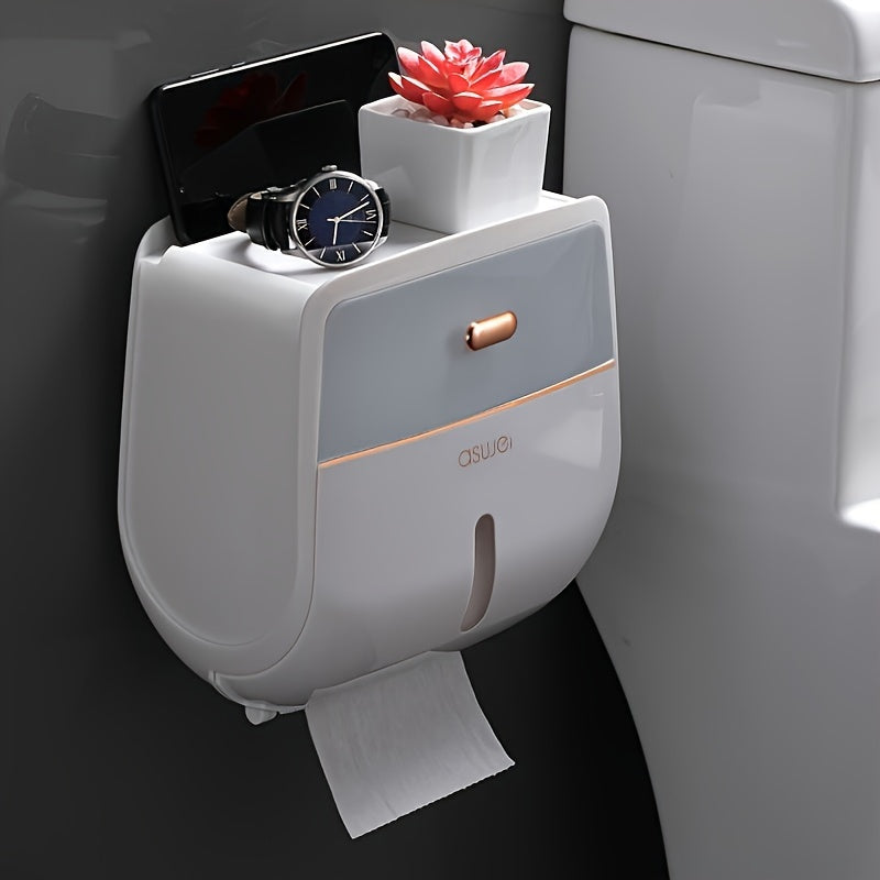 1pc Toilet Roll Paper Holder, Double Layer Large Capacity Tissue Storage Box, Wall Mounted Bathroom Tissue Dispenser, Waterproof Tissue Box, Hotel Bathroom Accessories