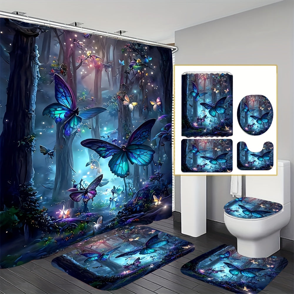 1/4 Dark Night Forest Butterfly Set, Decorative Bathroom Set Includes Waterproof Shower Curtain, Non-slip Floor Mat, Toilet Lid, Bath Mat and 12 Plastic Hooks, Bathroom Accessories, Home Decor