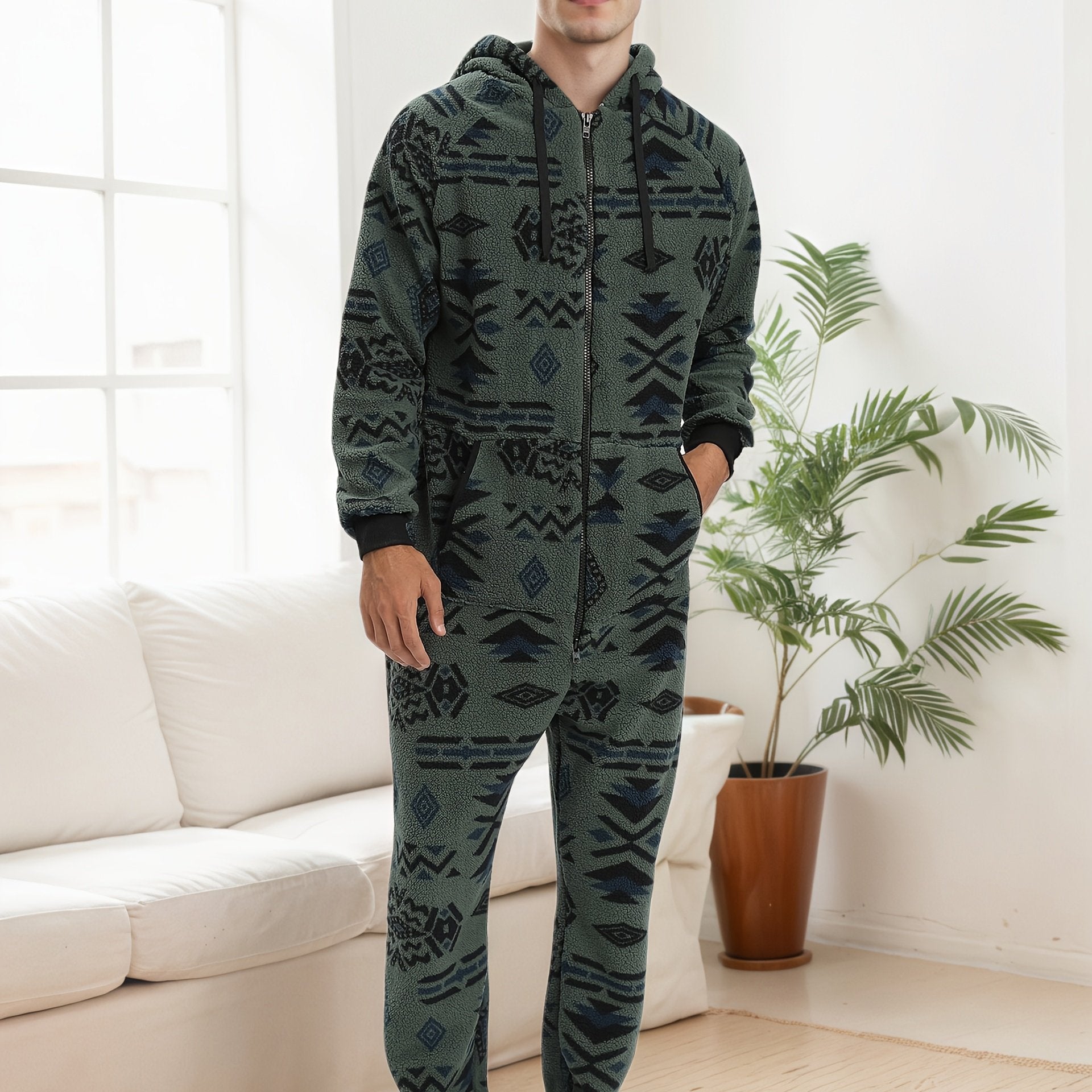 Men'S Heavy-Duty Full-Zip Hooded Onesie - Long Sleeve Winter Sleepwear with Drawstring Hood, Loose Fit Onesie for Cold Weather, Christmas Costume & Everyday Indoor/Outdoor Use - Easy Zipper Closure, Indoor Loungewear, Plush,