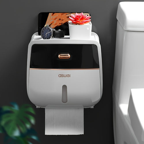 1pc Toilet Roll Paper Holder, Double Layer Large Capacity Tissue Storage Box, Wall Mounted Bathroom Tissue Dispenser, Waterproof Tissue Box, Hotel Bathroom Accessories