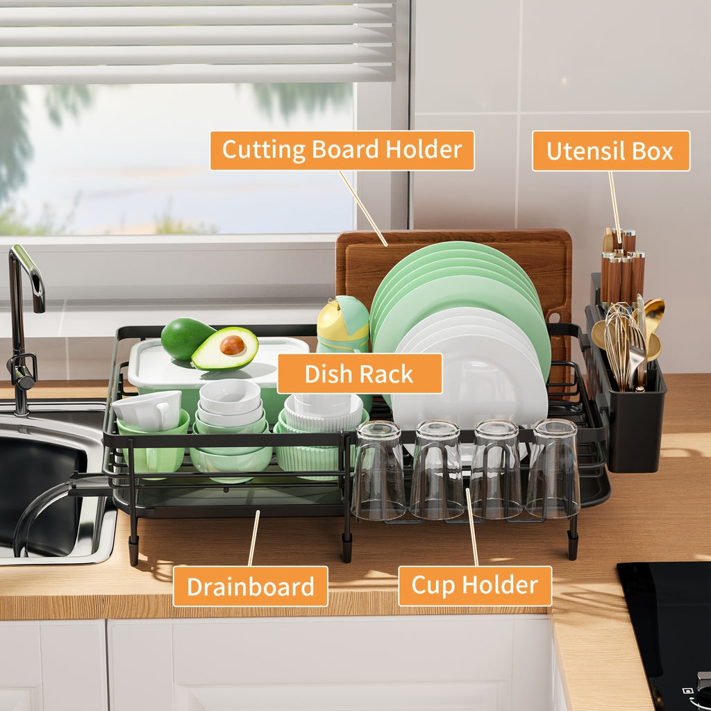 Spacious Dish Drying Rack, Expandable Dish Holder, Versatile Dish Rack for Kitchen Surface, Rust-Resistant Drying Rack with Utensil And Mug Holders
