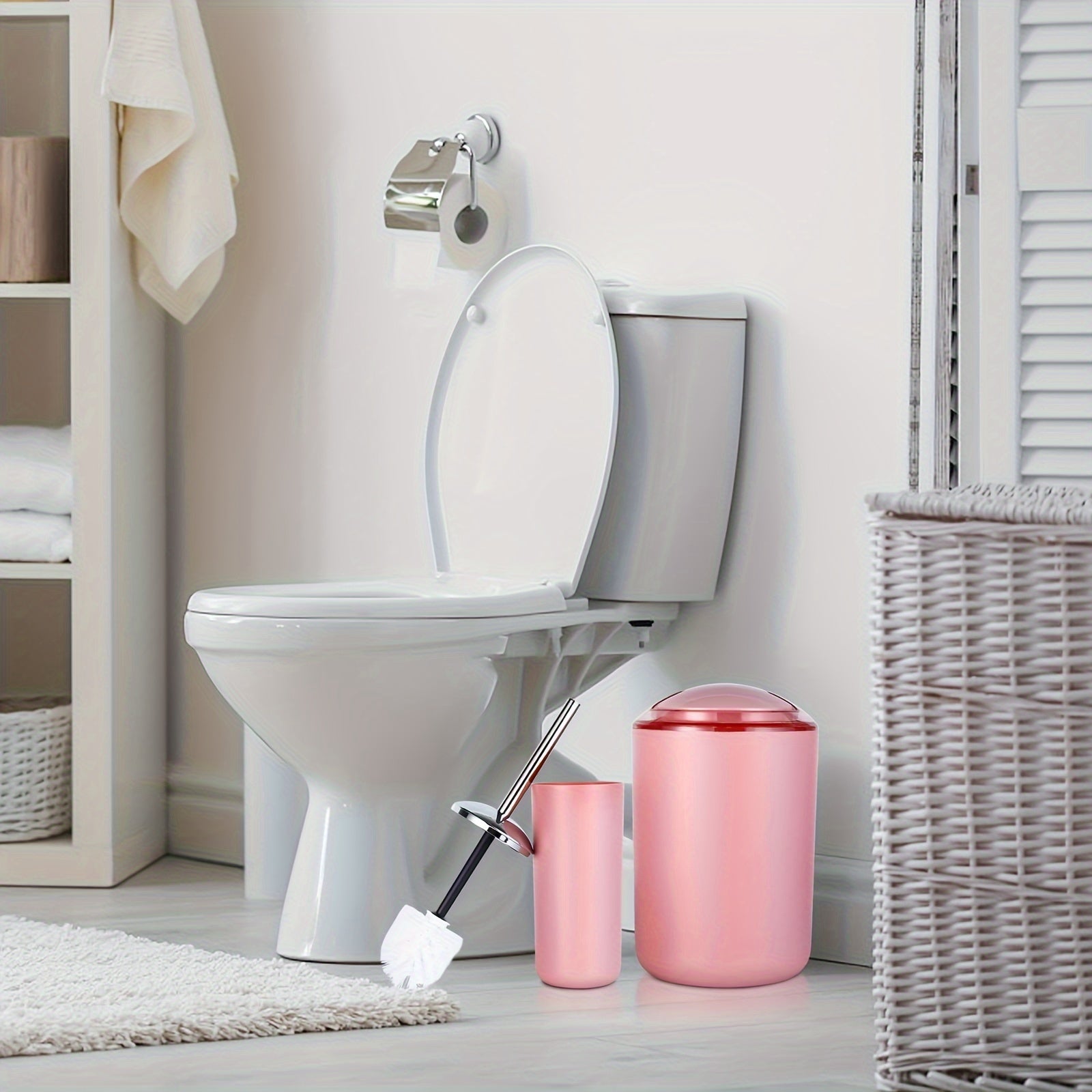 8Pcs Pink Bathroom Accessories Set - with Trash Can, Toilet Brush, Toothbrush Holder, Lotion Soap Dispenser, Soap Dish, Toothbrush Cup, Qtip Holder, Tray