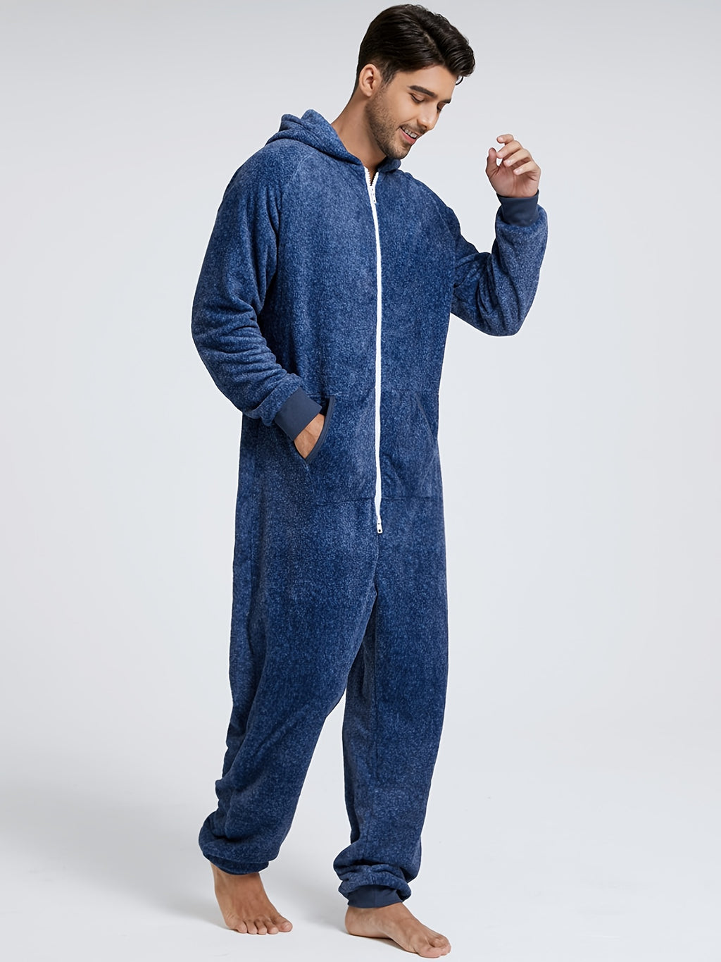 Men'S Heavy-Duty Full-Zip Hooded Onesie - Long Sleeve Winter Sleepwear with Drawstring Hood, Loose Fit Onesie for Cold Weather, Christmas Costume & Everyday Indoor/Outdoor Use - Easy Zipper Closure, Indoor Loungewear, Plush,