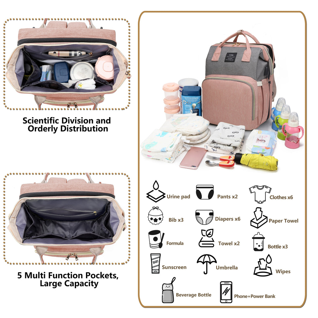 [Lamroro Diaper Bag Backpack] Lamroro Multifunctional Diaper Bag Backpack | Large Capacity, Soft Shell, Travel Backpack with Changing Station, Sunshade, Breathable Mosquito Net, Zipper Closure, Mixed Color, Polyester Fiber, U