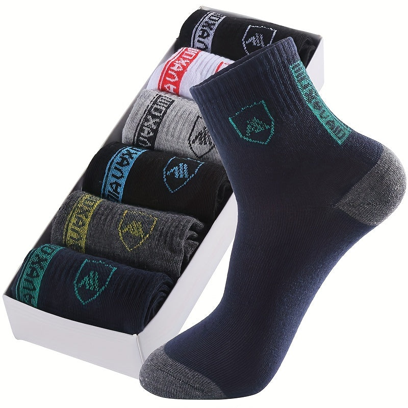 6-Pack Minimalist Casual Letter Mid-Calf Socks, Breathable Business Men's Socks