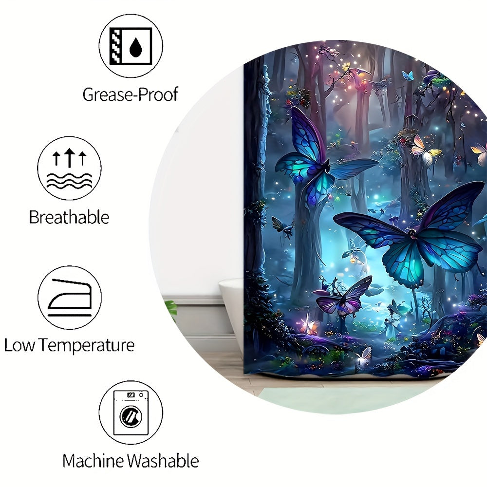 1/4 Dark Night Forest Butterfly Set, Decorative Bathroom Set Includes Waterproof Shower Curtain, Non-slip Floor Mat, Toilet Lid, Bath Mat and 12 Plastic Hooks, Bathroom Accessories, Home Decor