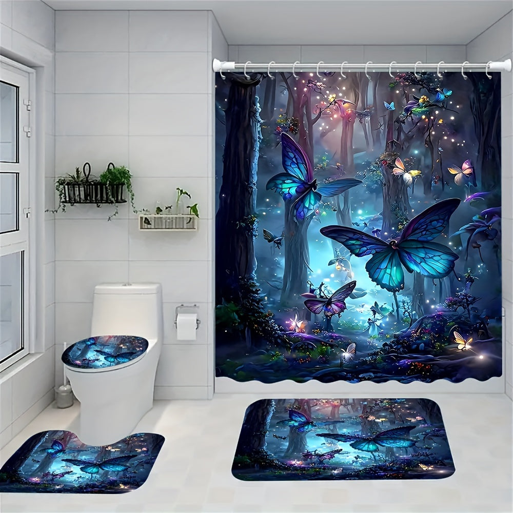 1/4 Dark Night Forest Butterfly Set, Decorative Bathroom Set Includes Waterproof Shower Curtain, Non-slip Floor Mat, Toilet Lid, Bath Mat and 12 Plastic Hooks, Bathroom Accessories, Home Decor