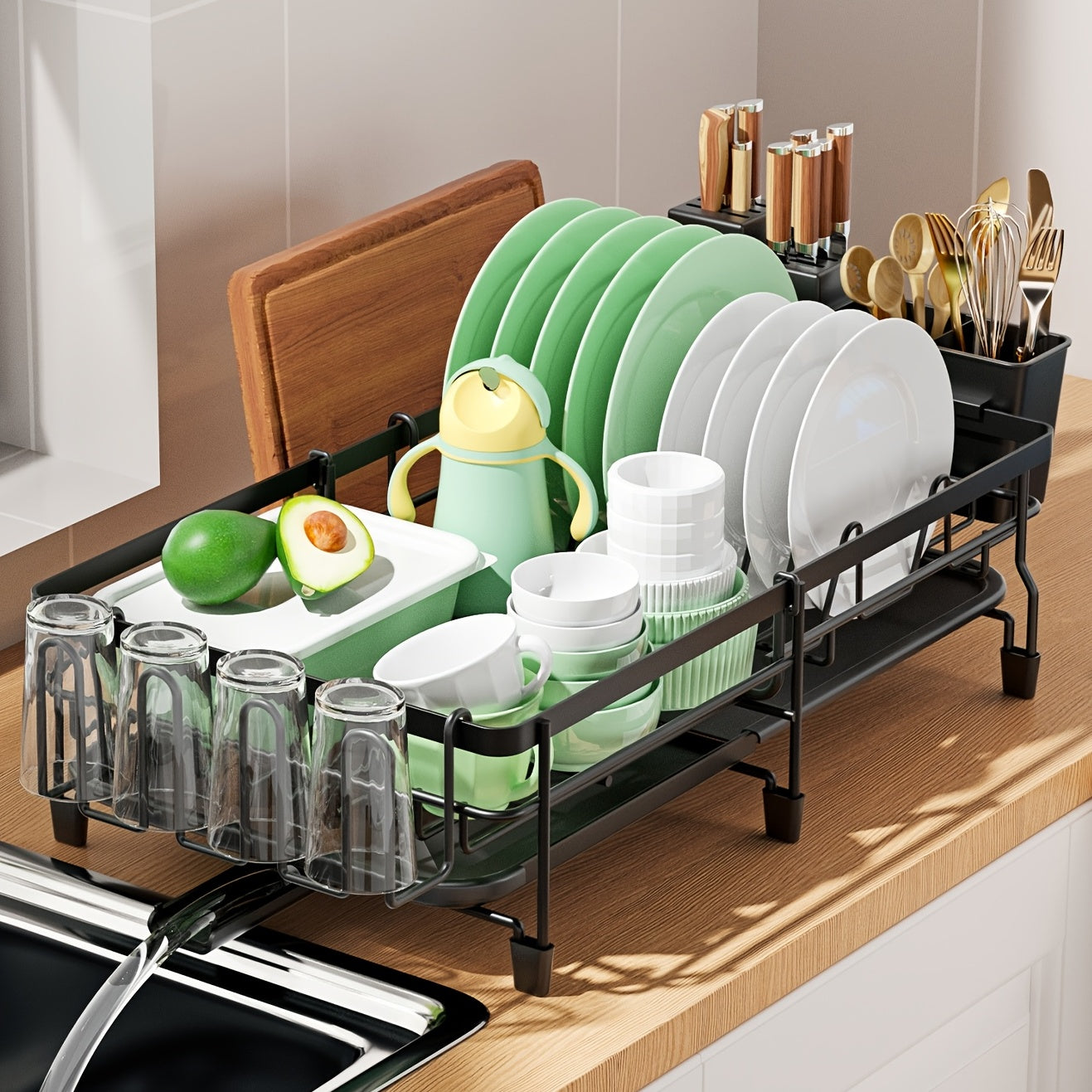 Spacious Dish Drying Rack, Expandable Dish Holder, Versatile Dish Rack for Kitchen Surface, Rust-Resistant Drying Rack with Utensil And Mug Holders