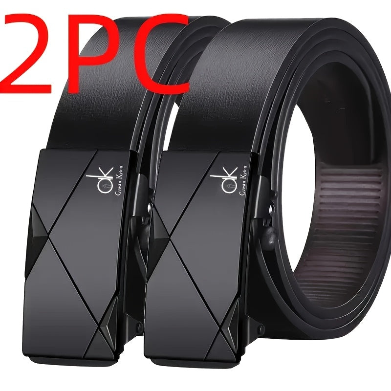 2-Pack Men's Luxury Business Casual Belts - Automatic Buckle, Geometric Pattern Design, Premium Black & Golden Leather for Office & Casual Attire - Ideal Christmas/Thanksgiving Gift for Fathers & Husbands