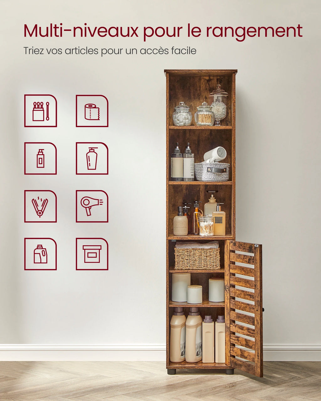 VASAGLE Bathroom Floor Cabinet, Tall Bathroom Storage Cabinet Unit, Bathroom Cabinet Freestanding, with 3 Open Compartments