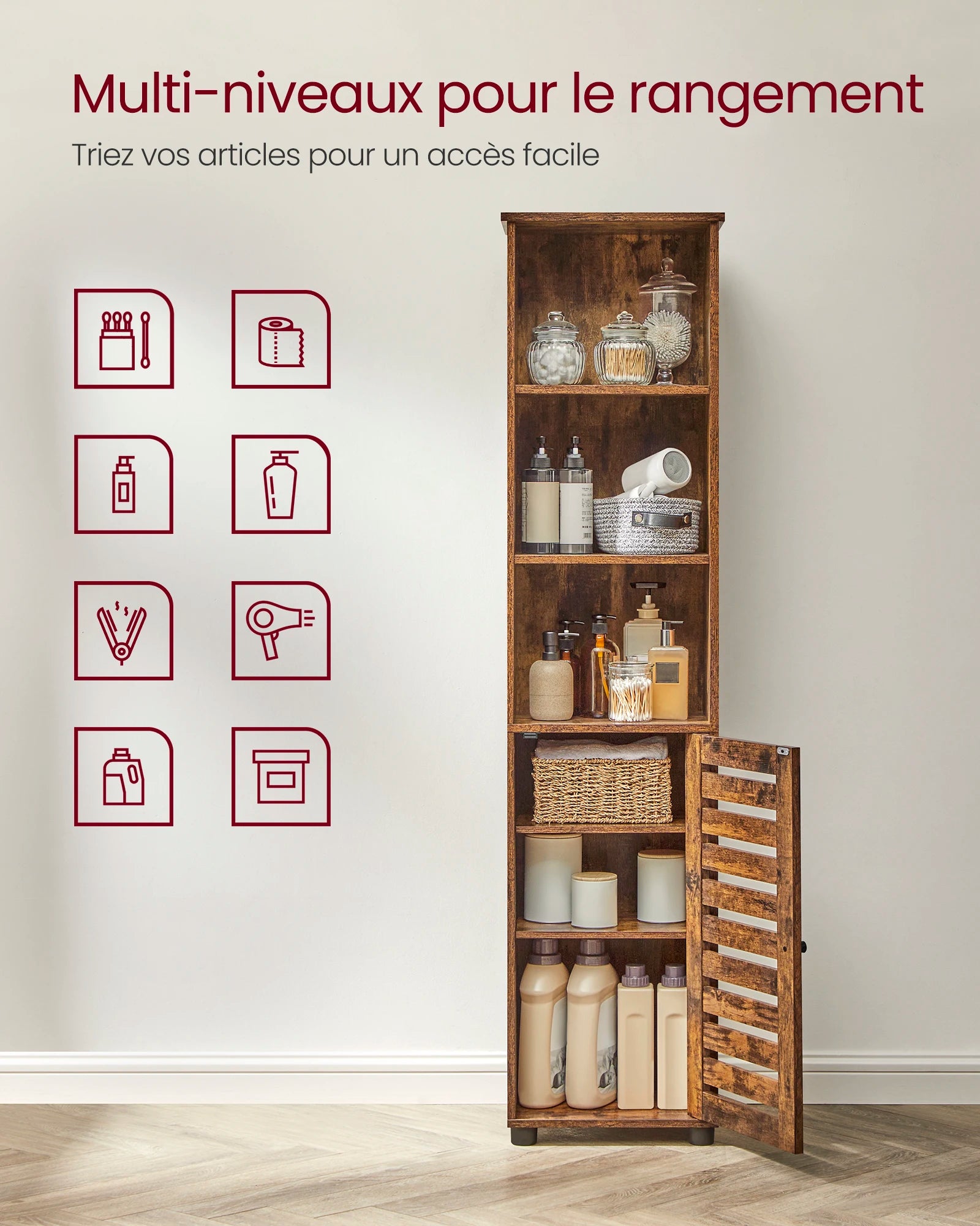 VASAGLE Bathroom Floor Cabinet, Tall Bathroom Storage Cabinet Unit, Bathroom Cabinet Freestanding, with 3 Open Compartments