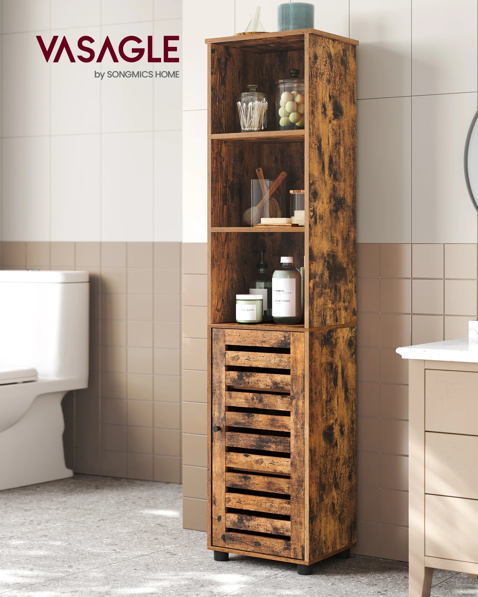 VASAGLE Bathroom Floor Cabinet, Tall Bathroom Storage Cabinet Unit, Bathroom Cabinet Freestanding, with 3 Open Compartments