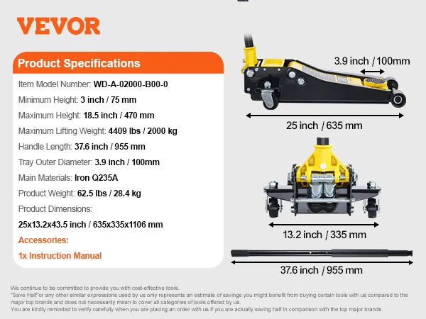 SucceBuy 2T Low Profile Floor Jack Iron Hydraulic Racing Floor Jack Hydraulic Car Jack with Single/Dual Piston Quick Lift Pump