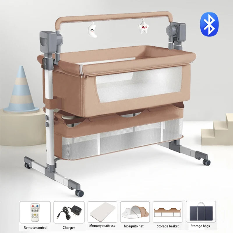 Electric Baby Crib Bassinet Cradle with Automatic Swing Bluetooth Music Timer Remote Control Foldable Design Breathable Mesh Sides Soft Mattress Stable Frame Safe Sleeping Bed for Newborn Infant Home Use and Travel Comfort Ba