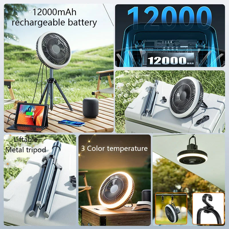 10000mAh Smart APP Camping Fan Rechargeable Desktop Portable Wireless Ceiling Electric Fan with Power Bank LED Lighting Tripod