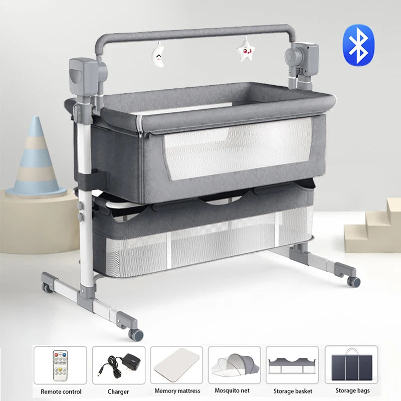 Electric Baby Crib Bassinet Cradle with Automatic Swing Bluetooth Music Timer Remote Control Foldable Design Breathable Mesh Sides Soft Mattress Stable Frame Safe Sleeping Bed for Newborn Infant Home Use and Travel Comfort Ba
