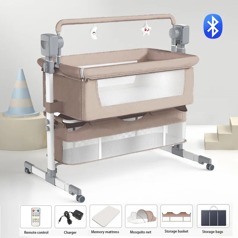 Electric Baby Crib Bassinet Cradle with Automatic Swing Bluetooth Music Timer Remote Control Foldable Design Breathable Mesh Sides Soft Mattress Stable Frame Safe Sleeping Bed for Newborn Infant Home Use and Travel Comfort Ba