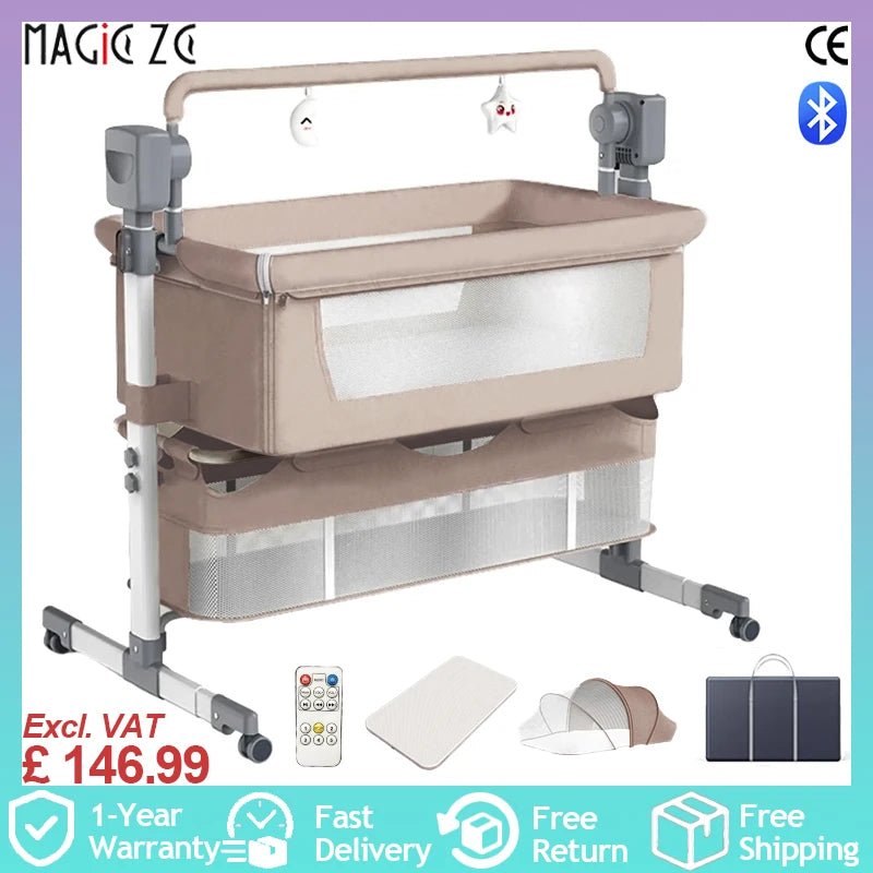 Electric Baby Crib Bassinet Cradle with Automatic Swing Bluetooth Music Timer Remote Control Foldable Design Breathable Mesh Sides Soft Mattress Stable Frame Safe Sleeping Bed for Newborn Infant Home Use and Travel Comfort Ba