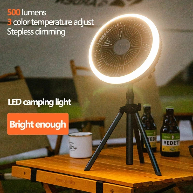 10000mAh Smart APP Camping Fan Rechargeable Desktop Portable Wireless Ceiling Electric Fan with Power Bank LED Lighting Tripod