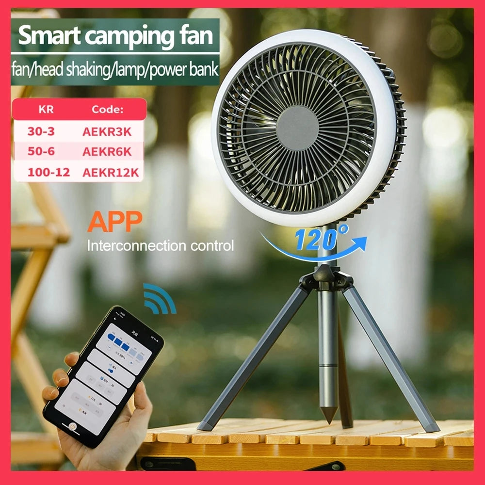 10000mAh Smart APP Camping Fan Rechargeable Desktop Portable Wireless Ceiling Electric Fan with Power Bank LED Lighting Tripod