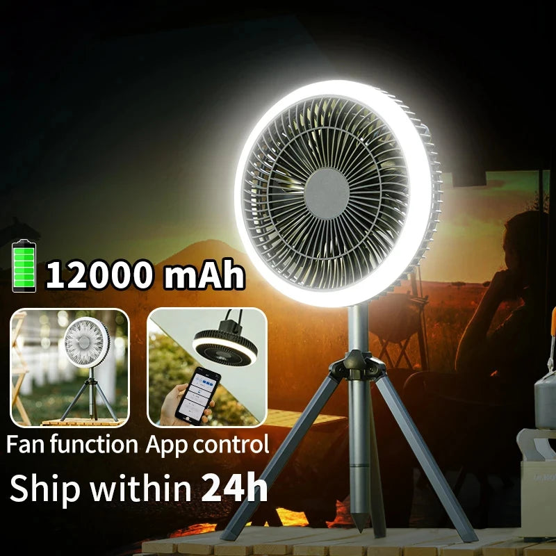 10000mAh Smart APP Camping Fan Rechargeable Desktop Portable Wireless Ceiling Electric Fan with Power Bank LED Lighting Tripod