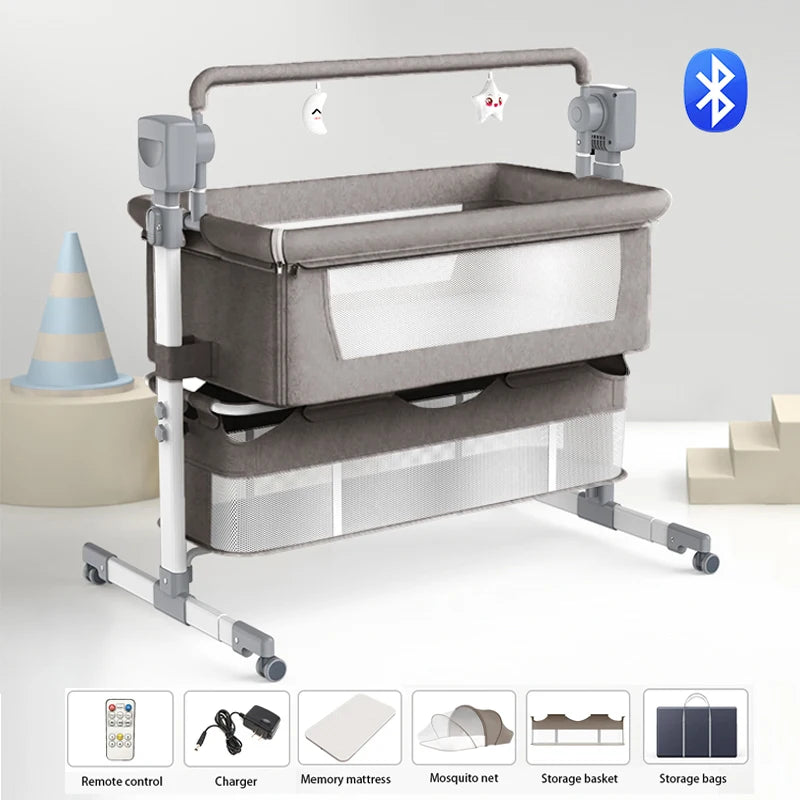 Electric Baby Crib Bassinet Cradle with Automatic Swing Bluetooth Music Timer Remote Control Foldable Design Breathable Mesh Sides Soft Mattress Stable Frame Safe Sleeping Bed for Newborn Infant Home Use and Travel Comfort Ba